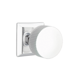 Conical Stem with Straight Knurled Handle and Quincy Rosette in Polished Chrome finish featuring textured cylindrical grip and square backplate design