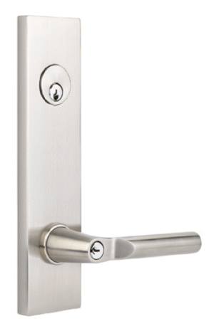 Modern Rectangular Two-Point Lockset with Hanover Key In Lever in Satin Nickel finish featuring tall rectangular backplate