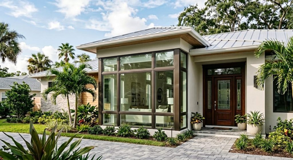 editorial photograph illustrating the concept of Tip 1: Choose Hurricane-Resistant Windows and Doors for Tampa Weather, natural light, sharp focus